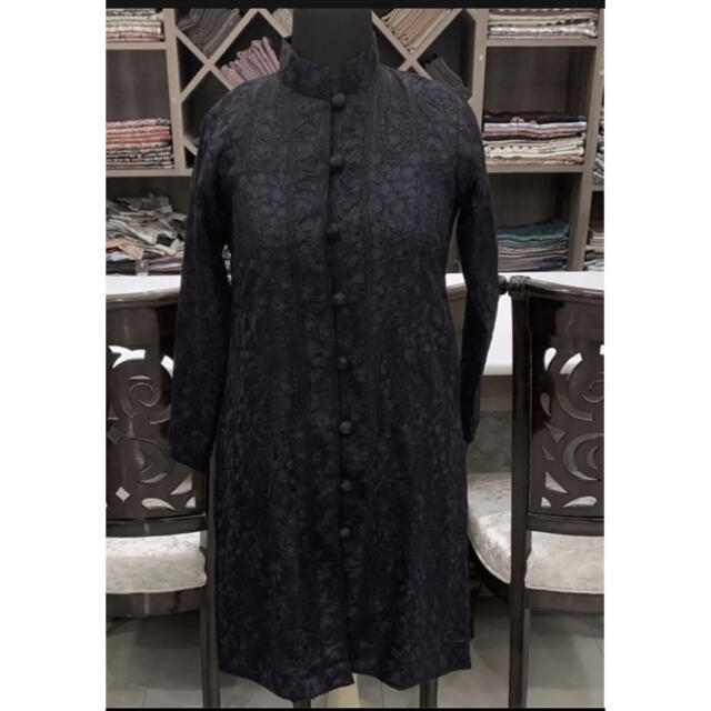 インド カシミール刺繍 コート 黒 ストール 刺し子 ウール100% アジアンロングコート