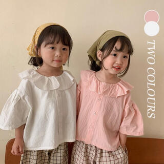 新品！90 韓国風子供服 無地半袖シャツ　フリル　可愛い　韓国ファッション(ブラウス)