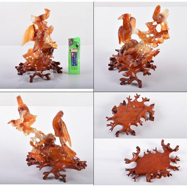 中国 玉石赤瑪瑙彫刻 木に鳥 置物 唐木台付 M R3670-