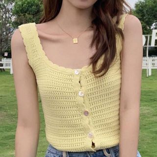 韓国 イエロー サマーニット トップスの通販 by りりあ|ラクマ