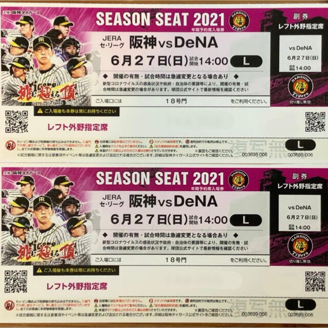 【プロ野球】６月27日（日）阪神 vs DeNA レフト外野指定席 ペアチケット