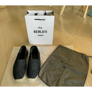 良品□2019年製 BERLUTI/ベルルッティ カリグラフィ 総柄 キャンバス エスパドリーユ/スリッポン/フラットシューズ ネイビー 7 1/2 メンズ