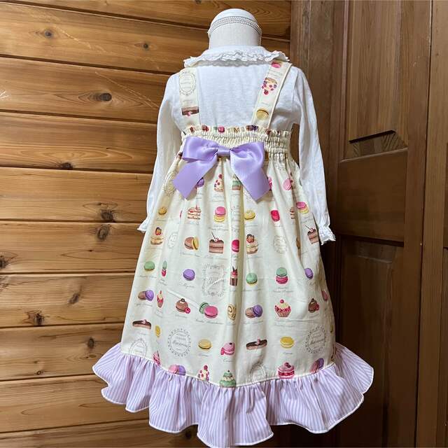 最終値下げ★ハンドメイド　YUWA マカロン柄　編み上げリボンワンピース キッズ/ベビー/マタニティのキッズ服女の子用(90cm~)(ワンピース)の商品写真