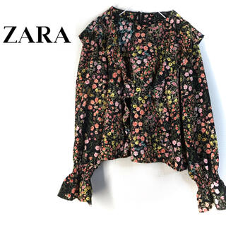 ザラ(ZARA)のZARA BASIC ブラウス 花柄 長袖 フリル フレア スペイン製 SS(シャツ/ブラウス(長袖/七分))