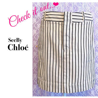 シーバイクロエ(SEE BY CHLOE)のSee By  Chloe ストライプ　白×黒　ボックス　スカート　シロ×クロ(ひざ丈スカート)