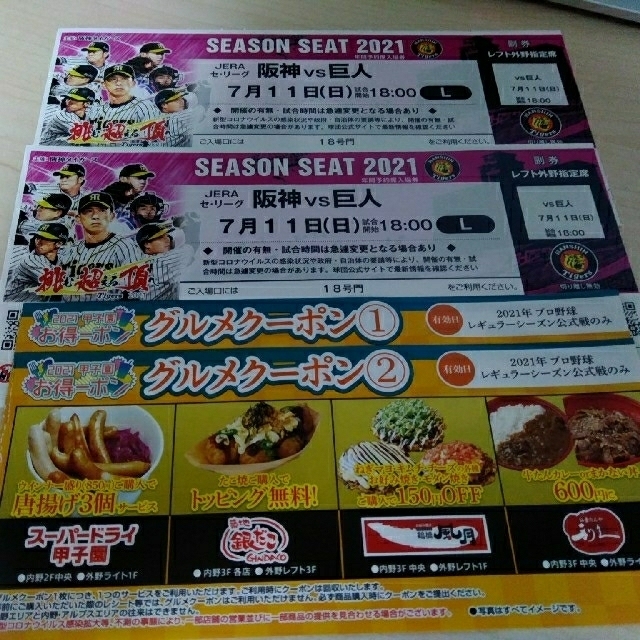 阪神 vs 巨人7月11日日曜日 レフト外野シートペア