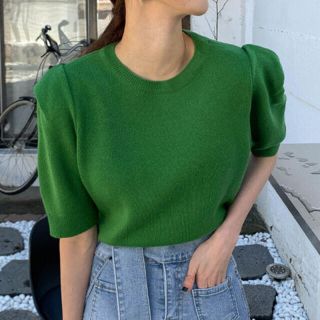 ザラ(ZARA)のpuff sleeve green tops(カットソー(半袖/袖なし))