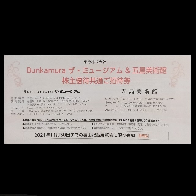 Bunkamura  ザ・ミュージアム &五島美術館 株主優待共通ご招待券 １枚 チケットの施設利用券(美術館/博物館)の商品写真