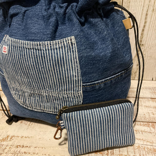オーバーオール巾着 巾着バッグ ミニポーチ付き デニムリメイク