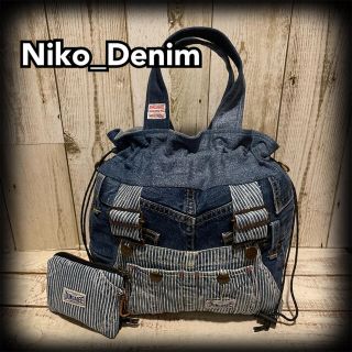 オーバーオール巾着 巾着バッグ ミニポーチ付き デニムリメイク