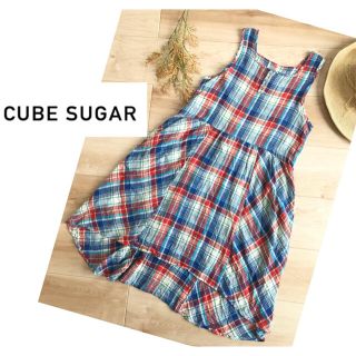 キューブシュガー(CUBE SUGAR)のcube sugar リネンノースリーブワンピース チェック Mキューブシュガー(ひざ丈ワンピース)