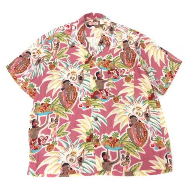 サンサーフ アロハシャツ シャツ 半袖 オープンカラー 総柄 L ピンク