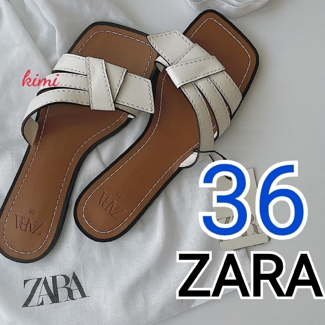 ZARA(ザラ)のZARA　(36　白)　トップステッチフラットサンダル　スクウェアトゥサンダル レディースの靴/シューズ(サンダル)の商品写真