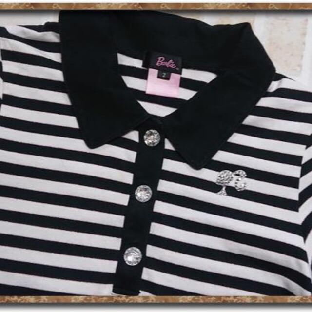 Barbie(バービー)のバービー　ラインストーン付きボーダーカットポロシャツ　白×黒 レディースのトップス(ポロシャツ)の商品写真