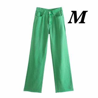 ワイドレッグ　デニム　パンツ　カラー　グリーン　ZARA moussy M 緑(デニム/ジーンズ)