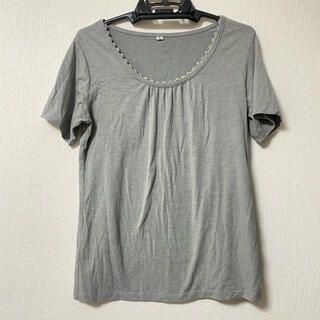 （569）胸元レース シンプル 無地 グレー 半袖 Tシャツ Lサイズ(Tシャツ/カットソー(半袖/袖なし))