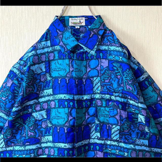 1点モノ 総柄シャツ 安い購入 柄シャツ 半袖 ブルー セール価格 絹100% シルク L 青