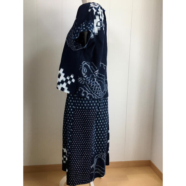 着物リメイク●藍染 古布 鯉の絵絣 雪ん子●半袖 セットアップ●ハンドメイド