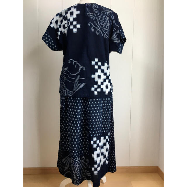 着物リメイク●藍染 古布 鯉の絵絣 雪ん子●半袖 セットアップ●ハンドメイド