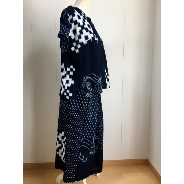 着物リメイク●藍染 古布 鯉の絵絣 雪ん子●半袖 セットアップ●ハンドメイド