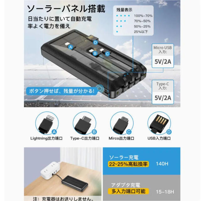 【内蔵ケーブル 4台同時充電 大容量 ソーラー】 モバイルバッテリー 防水耐衝撃 スマホ/家電/カメラのスマートフォン/携帯電話(バッテリー/充電器)の商品写真