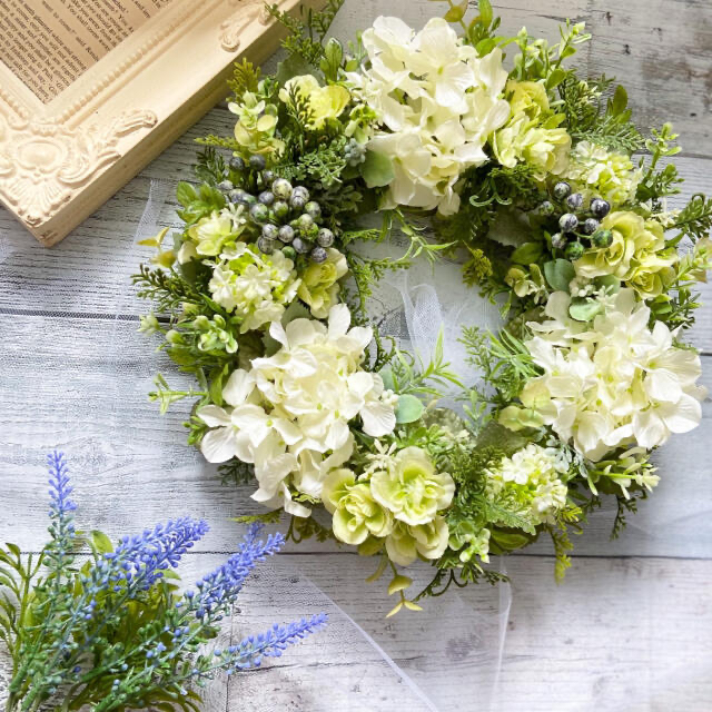 専用⭐︎フラワーリース⭐︎グレーホワイト紫陽花&ローズ×アンティーク(25cm)