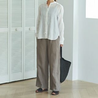 ムジルシリョウヒン(MUJI (無印良品))の 無印良品フレンチリネンストレートパンツ／グレィッシュブラウンストライプ／XL (カジュアルパンツ)