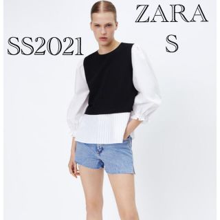 ザラ(ZARA)のZARA コントラスト素材ポプリントップス プリーツ加工入りコンビ素材ポプリン(シャツ/ブラウス(長袖/七分))