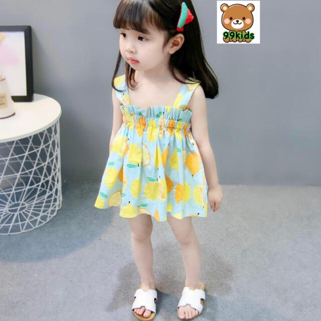 韓国子供服　ワンピース　キッズ　レモン柄　ブルー110 キッズ/ベビー/マタニティのキッズ服女の子用(90cm~)(ワンピース)の商品写真