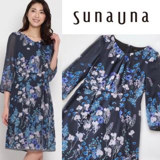 スーナウーナ(SunaUna)の【極美品】スーナウーナ　洗える シフォンフラワーワンピース　サイズ38 花柄(ひざ丈ワンピース)