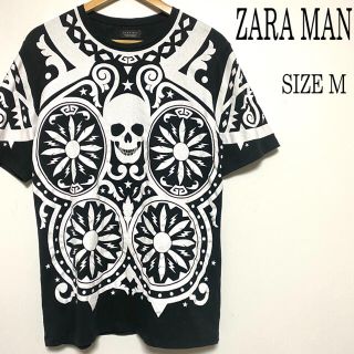 ザラ(ZARA)の美品 ZARA MAN ザラ 総柄 スカル柄 髑髏柄 半袖 Tシャツ 黒 M(Tシャツ/カットソー(半袖/袖なし))