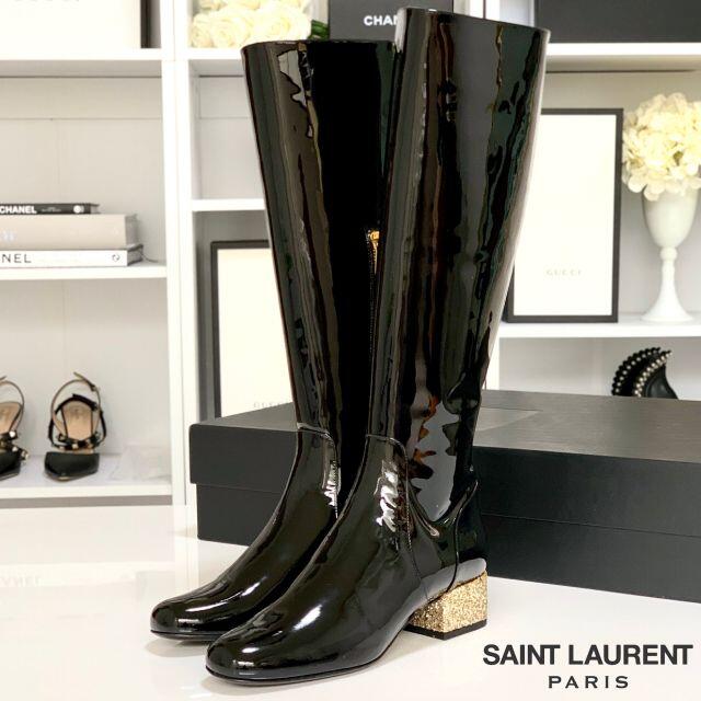 Saint Laurent(サンローラン)の2455 未使用 サンローラン パテント ロングブーツ グリッター 黒 レディースの靴/シューズ(ブーツ)の商品写真