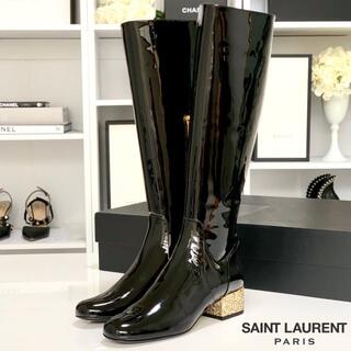 サンローラン(Saint Laurent)の2455 未使用 サンローラン パテント ロングブーツ グリッター 黒(ブーツ)