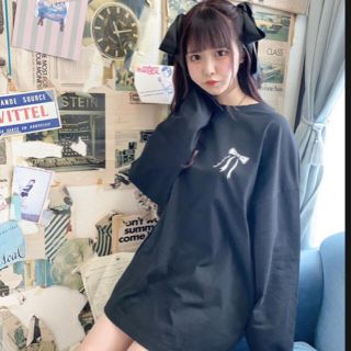 pium いたずら天使の　オーバーサイズ　ロングTシャツ　ブラック　新品(Tシャツ(長袖/七分))