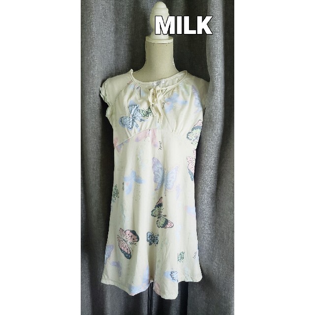 MILK(ミルク)の大変美品　MILK 日本製  蝶々柄の可愛いワンピース　コットンジャージ レディースのワンピース(ひざ丈ワンピース)の商品写真