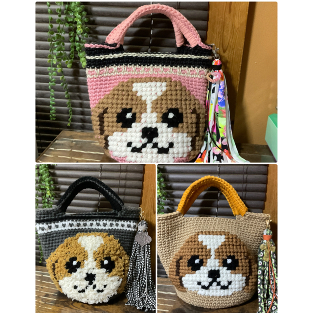 ハンドメイド　麻紐バック　麻バック　ズパゲッティ　カゴバック　犬　シーズー