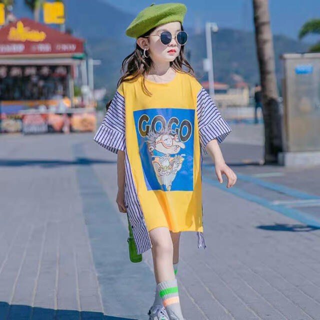 150 韓国子供服 ワンピース オーバーサイズ ロゴ 半袖 ストライプ 夏 キッズ/ベビー/マタニティのキッズ服女の子用(90cm~)(ワンピース)の商品写真