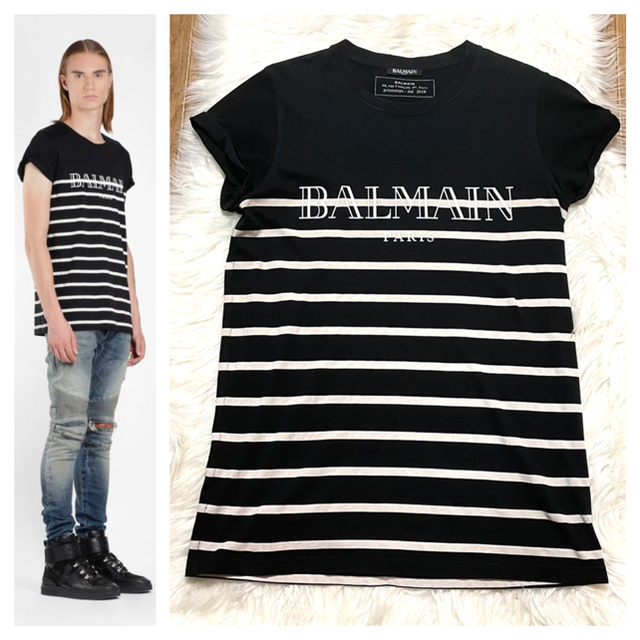 BALMAIN - 本物 バルマンオム 袖切り返し ボーダー Tシャツ XS BALMAIN - 本物 バルマンオム 袖切り返し ボーダー Tシャツ XS