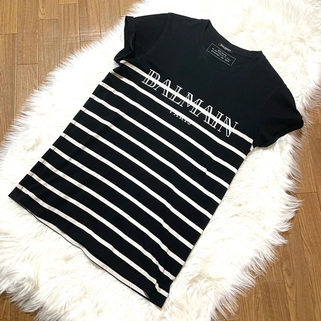 本物 バルマンオム 袖切り返し ボーダー Tシャツ XS 黒 白 カットソー