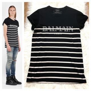 バルマン(BALMAIN)の 本物 バルマンオム 袖切り返し ボーダー Tシャツ XS 黒 白 カットソー (Tシャツ/カットソー(半袖/袖なし))