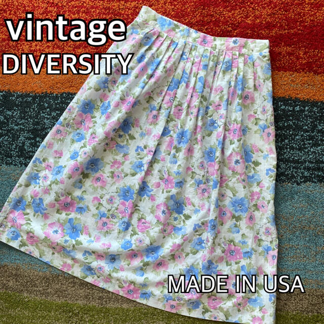 USA製　ネイビー　白　花柄　レーヨン　ロングスカート　vintage