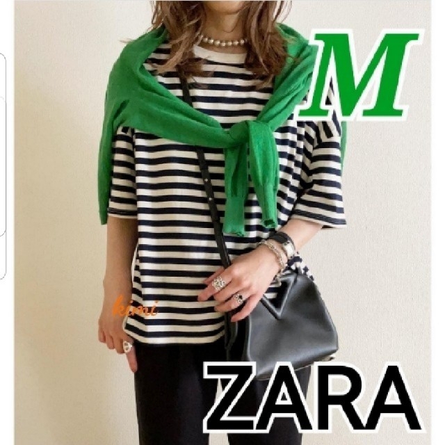 ZARA(ザラ)のZARA　(M)　アシンメトリーオーバーサイズTシャツ　ストライプ 　ボーダー レディースのトップス(Tシャツ(半袖/袖なし))の商品写真