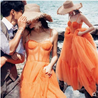 高品質！ カラードレス オレンジ ソフトチュール キャミソール 撮り(ロングドレス)