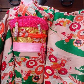 七歳　レトロ正絹緑ピンク菊橋　お着物フルセット(和服/着物)