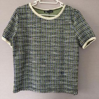 ザラ(ZARA)のZARA 半袖　トップス　ツイード　パール(カットソー(半袖/袖なし))