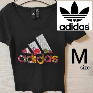 アディダス(adidas)の美品 adidas レディース 半袖Tシャツ カットソー ブラック 花柄 M(Tシャツ/カットソー(半袖/袖なし))