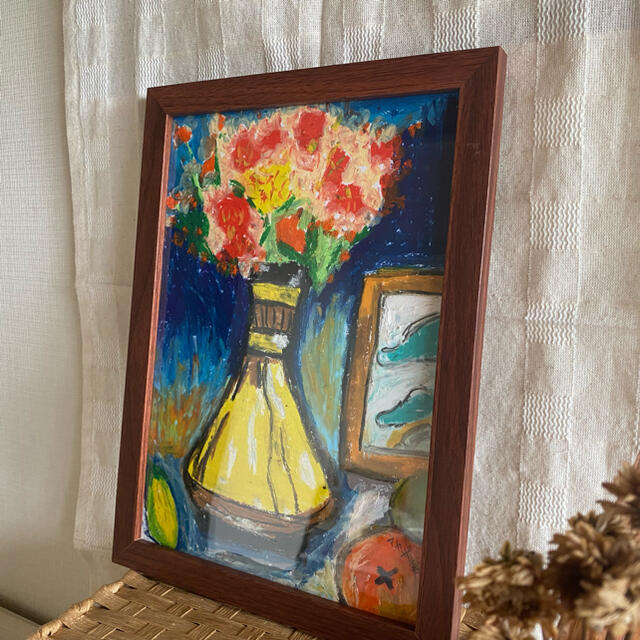 絵画。壁掛け絵原画手描き【テーブルの上の花瓶の中の美しい花】3の