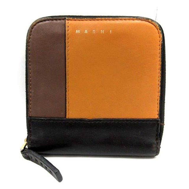 Marni(マルニ)のマルニ 財布 二つ折り ラウンドファスナー レザー 切替 オレンジ 黒 茶 レディースのファッション小物(財布)の商品写真