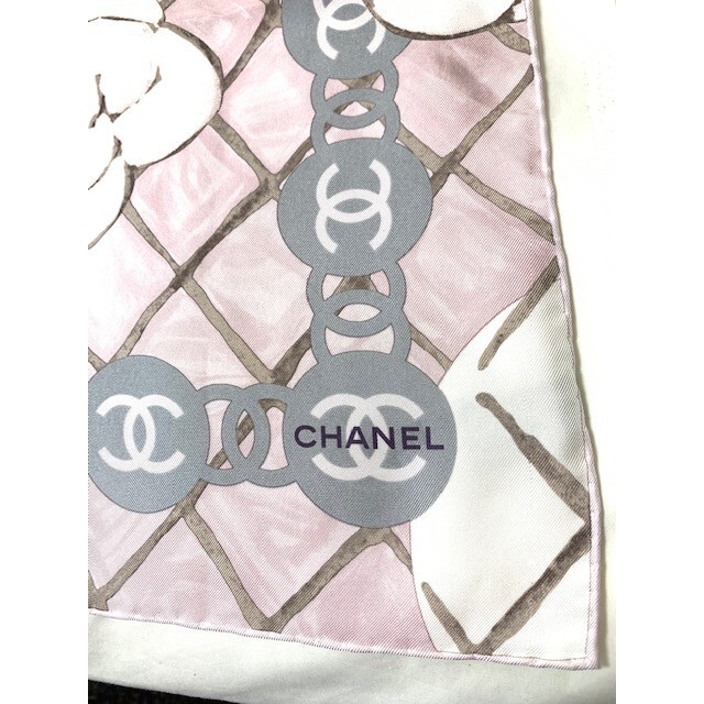 超美品　CHANEL　シャネル　カメリア　ココマーク　シルク　スカーフ　ピンク