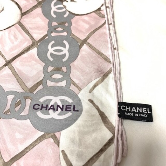 超美品　CHANEL　シャネル　カメリア　ココマーク　シルク　スカーフ　ピンク